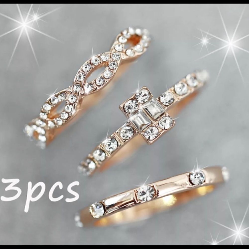 3pc ROSE GOLD PLATED Stackable Crystal Ring Set - Picture 2 of 6